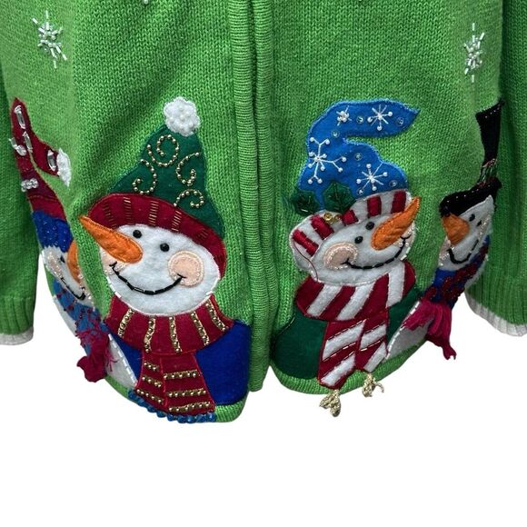 Tiara Knit Ugly Christmas Sweater Cardigan Green Women XL Beaded Snowman VTG - Picture 2 of 10